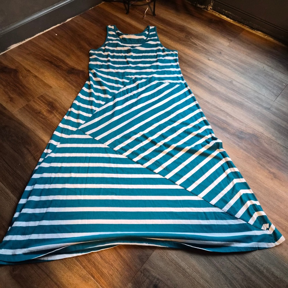 Westbound Teal Striped Sleeveless Maxi Dress L Cotton Modal Knit Tank Beach